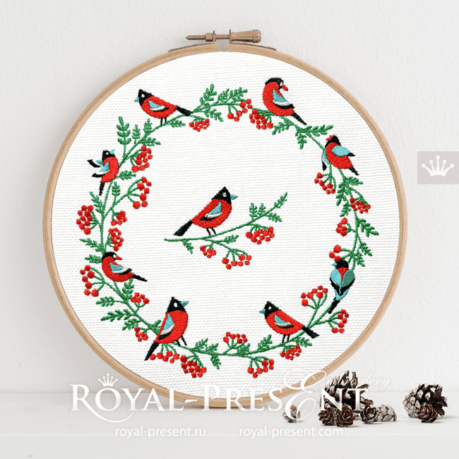 Christmas wreath with Bullfinches and Berries Machine Embroidery Designs RPE-2049