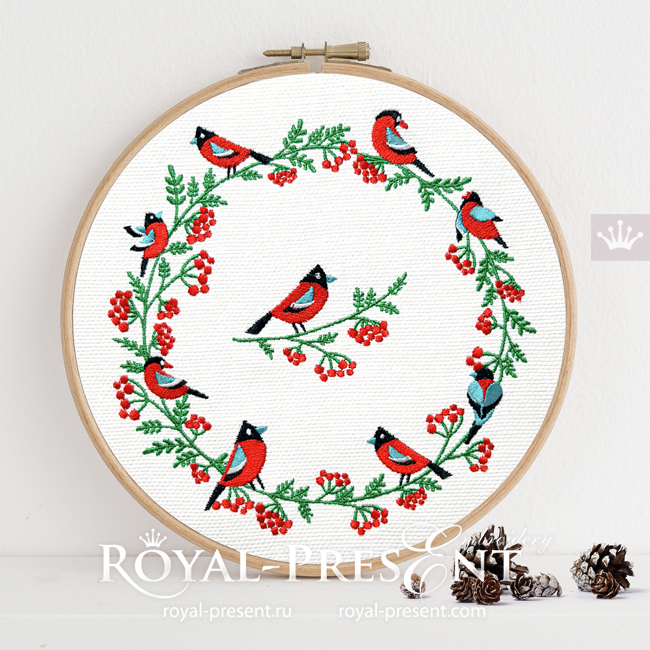 Christmas wreath with Bullfinches and Berries Machine Embroidery Designs