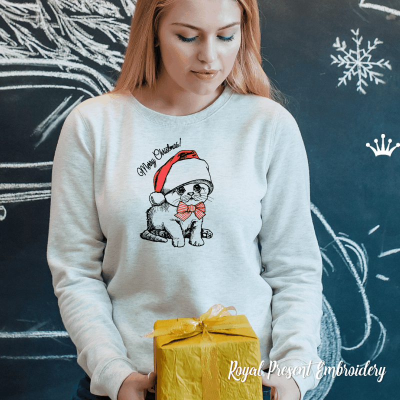 Christmas Kitten in Santa hat Machine Embroidery Design - 4 sizes RPE-2101