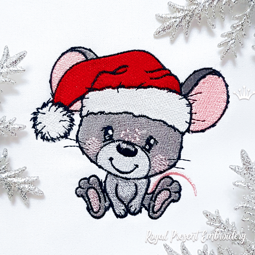 Christmas Mouse in a cap of Santa Claus Machine embroidery design RPE-2130