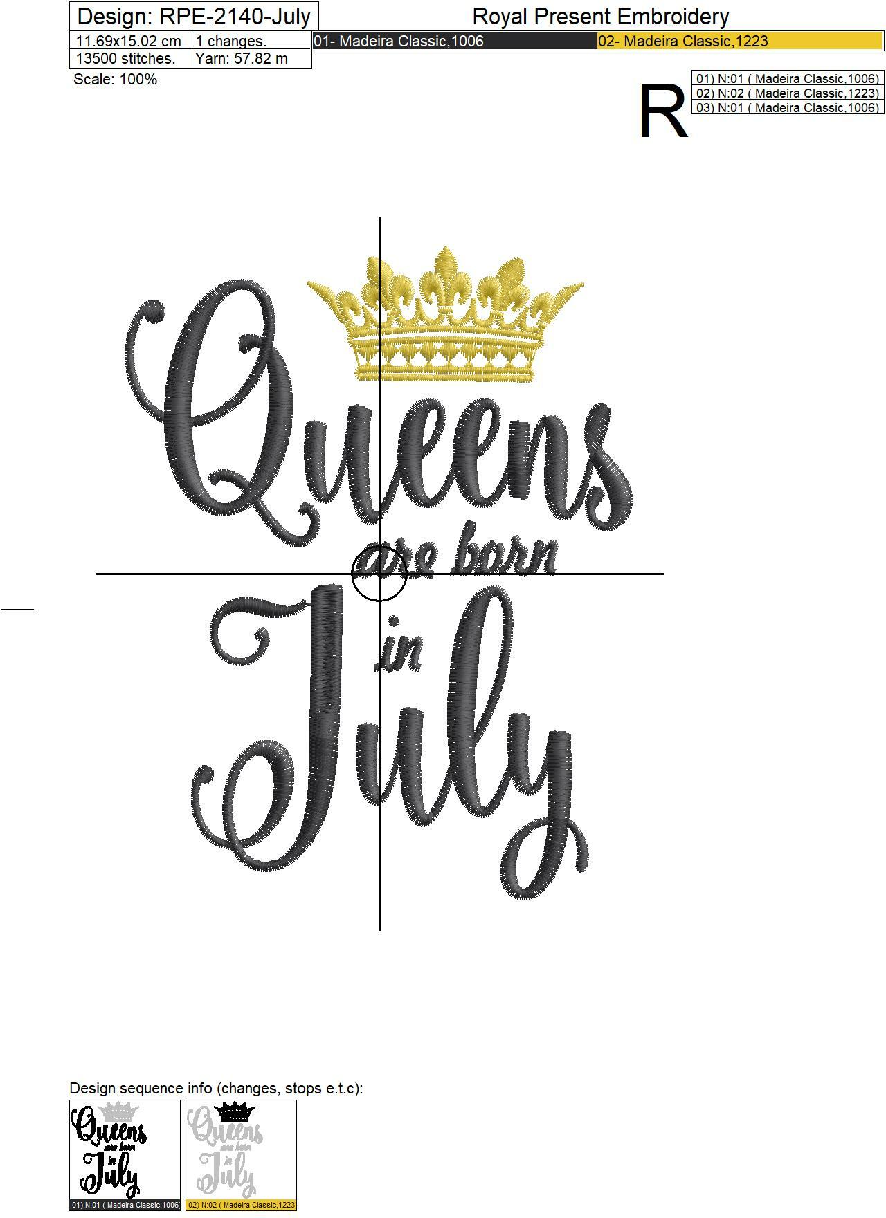 Queens are born in July Inscription Machine Embroidery Design
