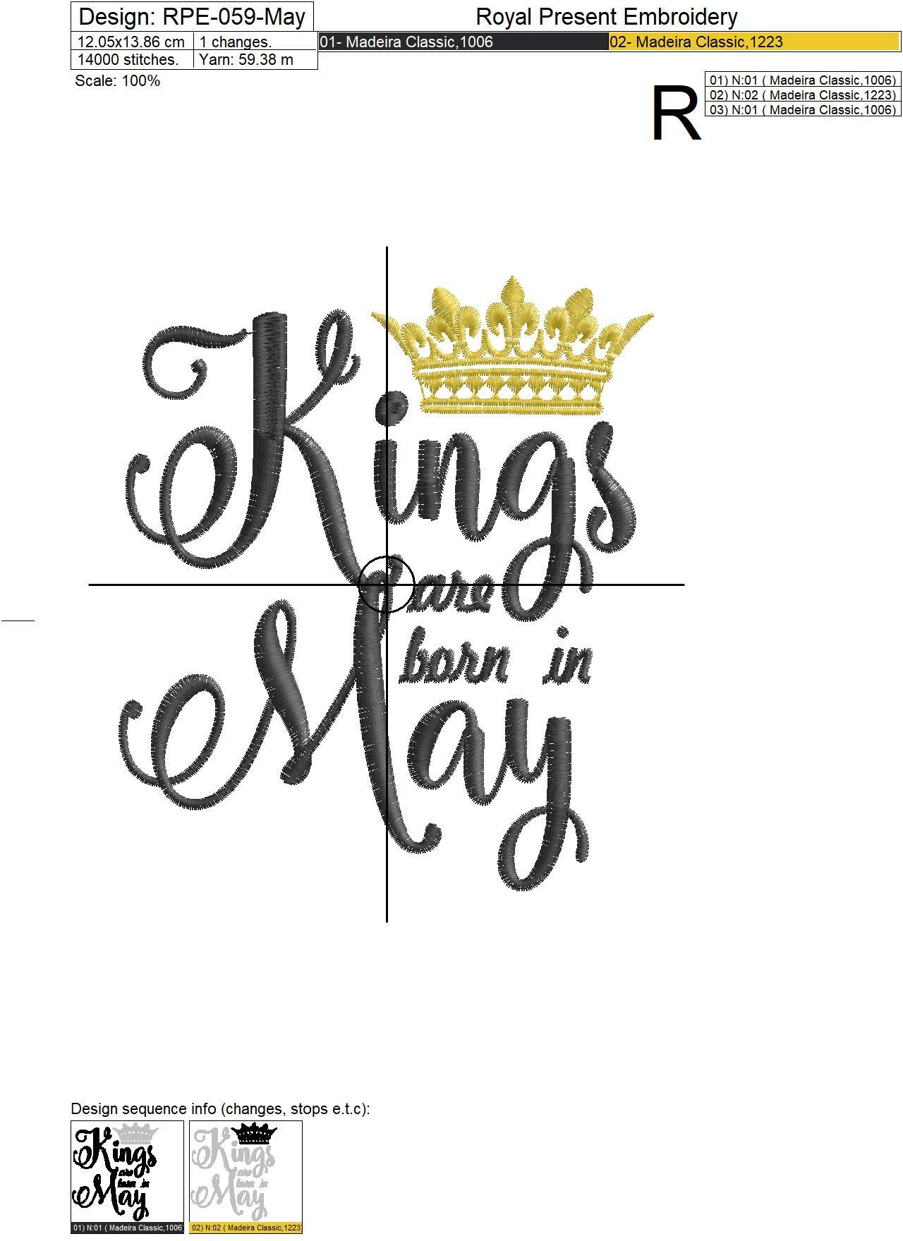 Kings are born in May Inscription Machine Embroidery Design