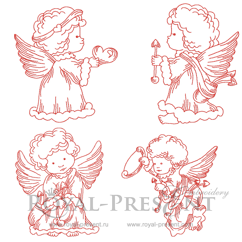 Machine Embroidery Designs Valentines Angels RedWork RPE-701