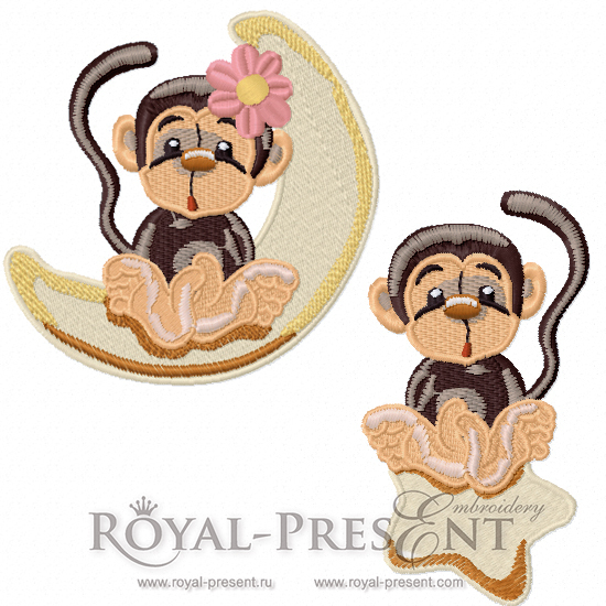 Machine Embroidery Designs Lovers Monkeys on a moon and star - 2 in 1