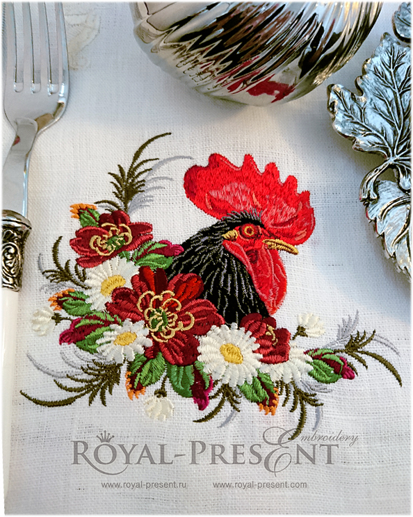 Machine Embroidery Design Rooster in a thicket of flowers - 2 sizes