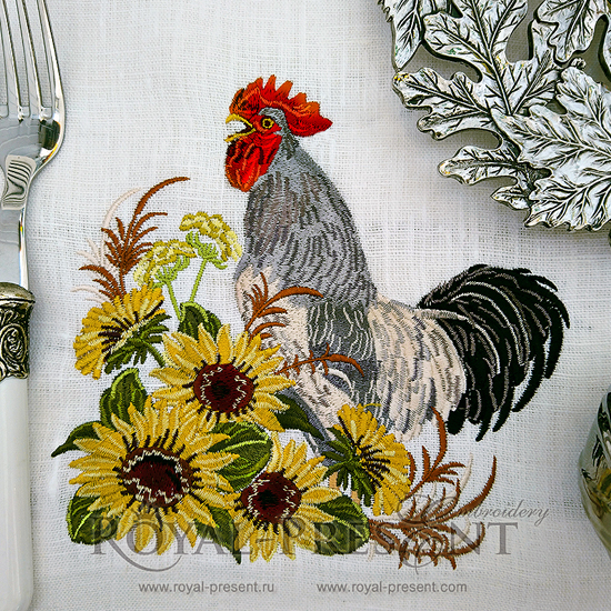 Machine Embroidery Design Rooster in a thicket of sunflowers - 2 sizes RPE-1078