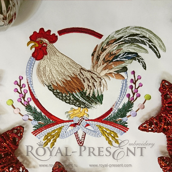 Machine Embroidery Design Rooster with Japanese Wreath decoration PRE-241