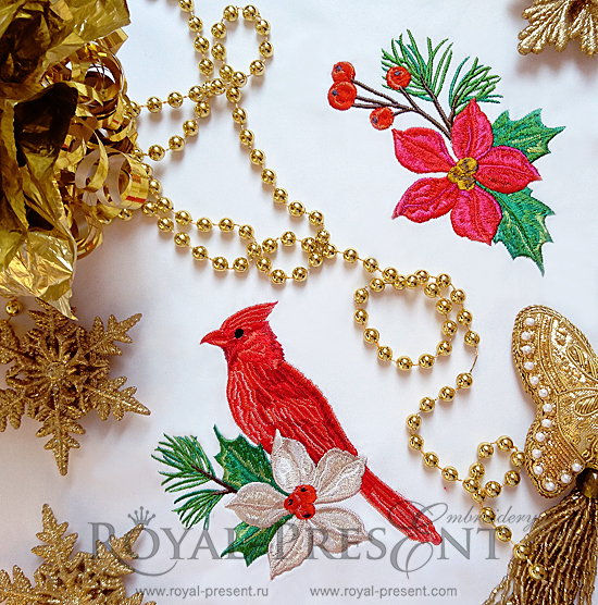 Set of Machine Embroidery Designs Red bird, poinsettia flower FRP-004