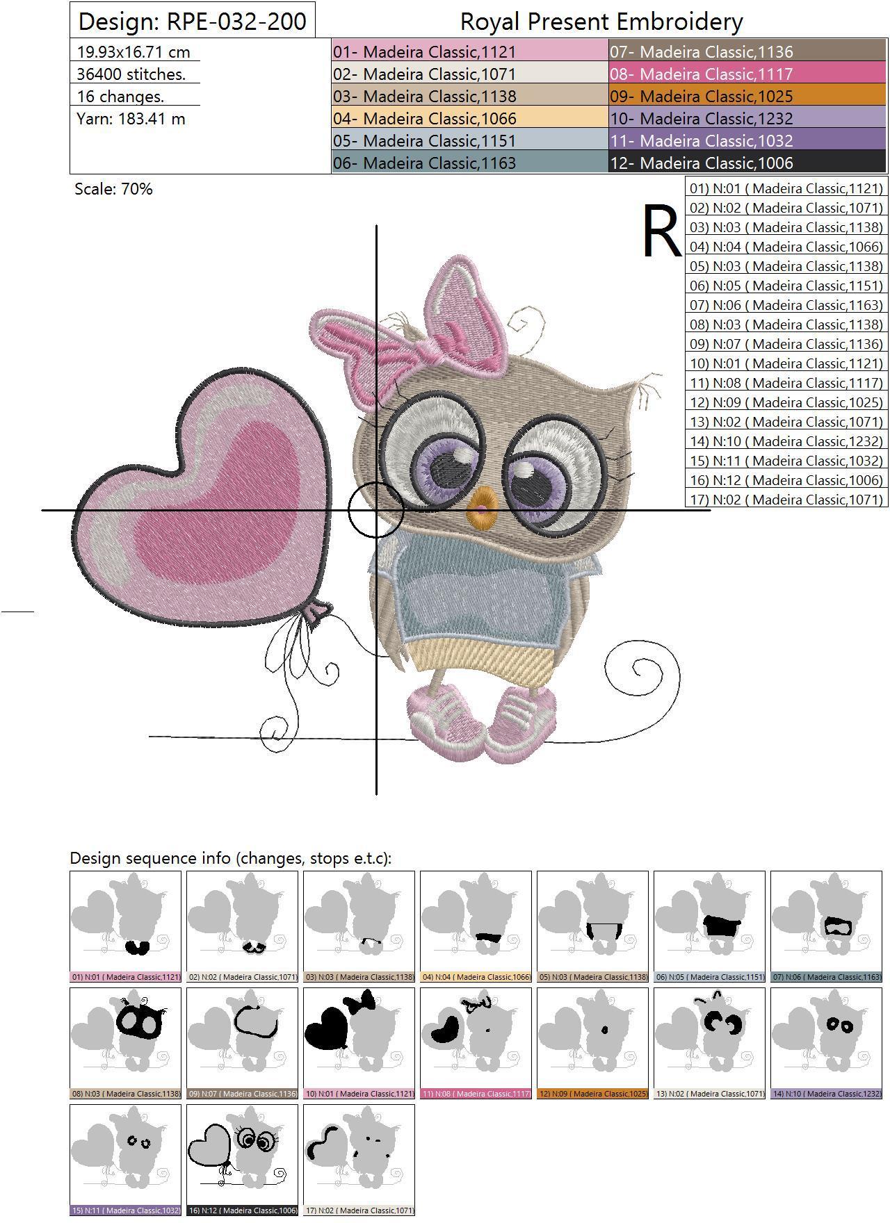 Machine Embroidery Design Cute Owl girl with balloon - 3 sizes