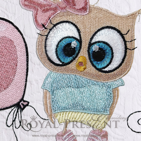 Machine Embroidery Design Cute Owl girl with balloon - 3 sizes