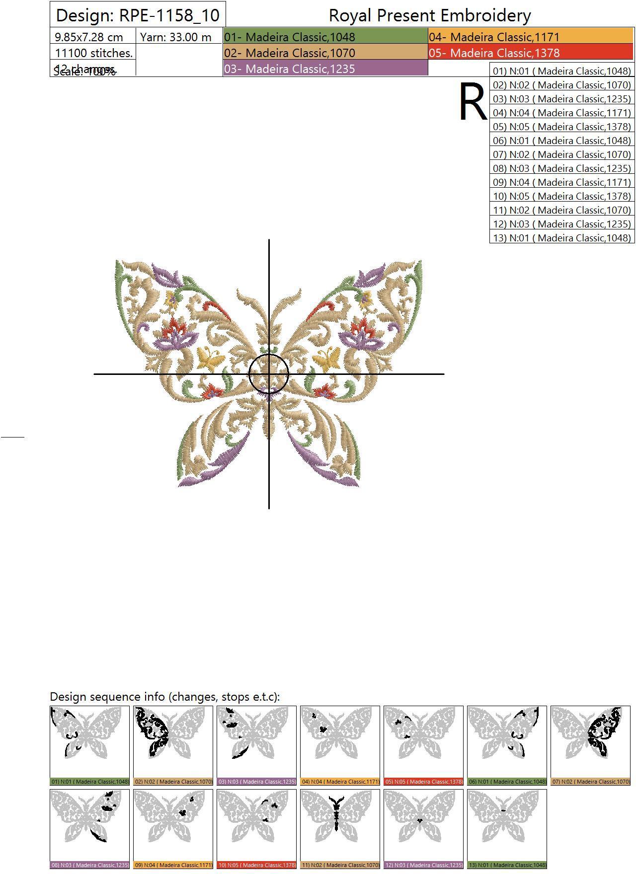 Machine Embroidery Design Decorative butterfly with mix of floral ornament elements - 3 sizes