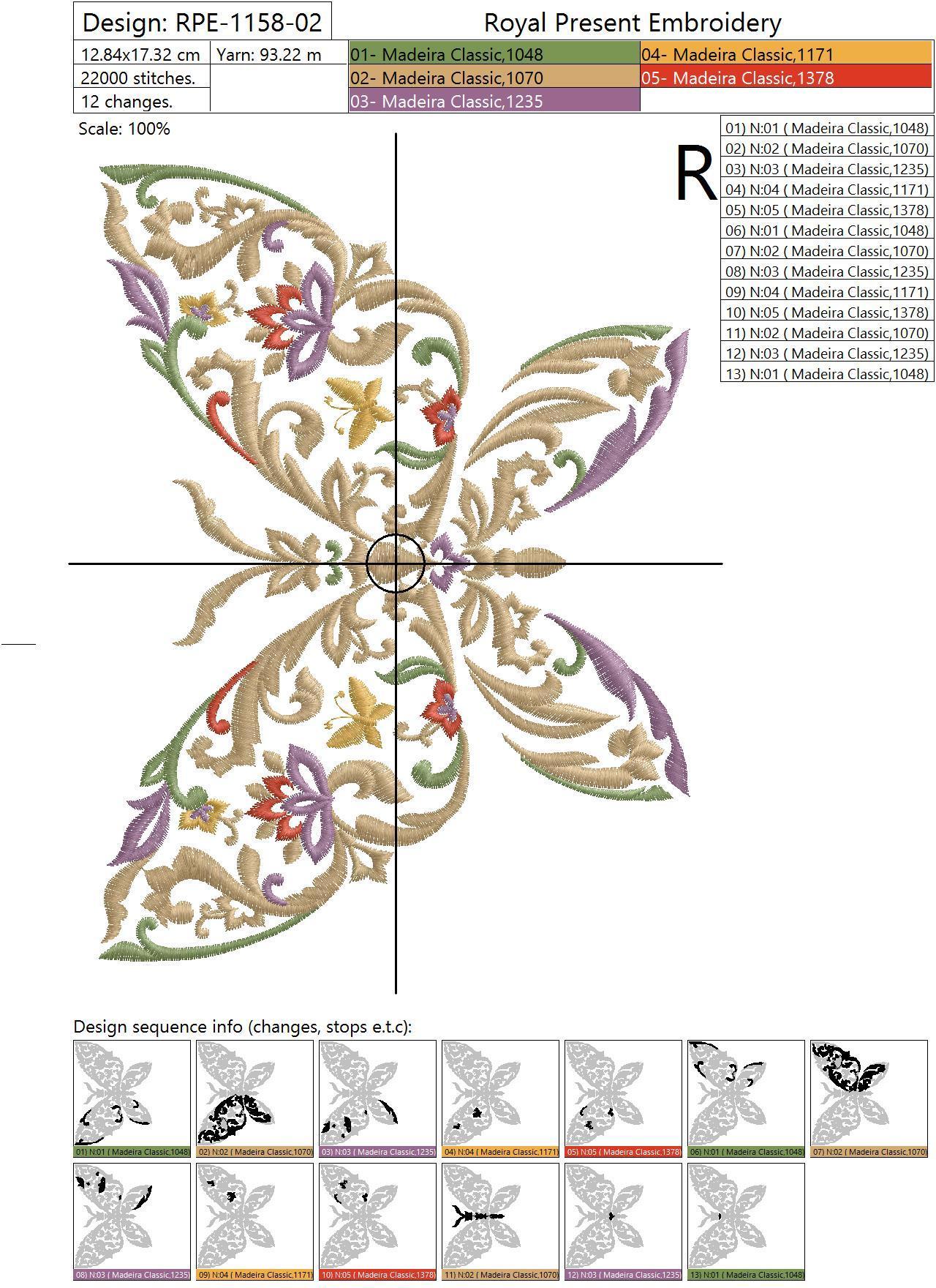 Machine Embroidery Design Decorative butterfly with mix of floral ornament elements - 3 sizes