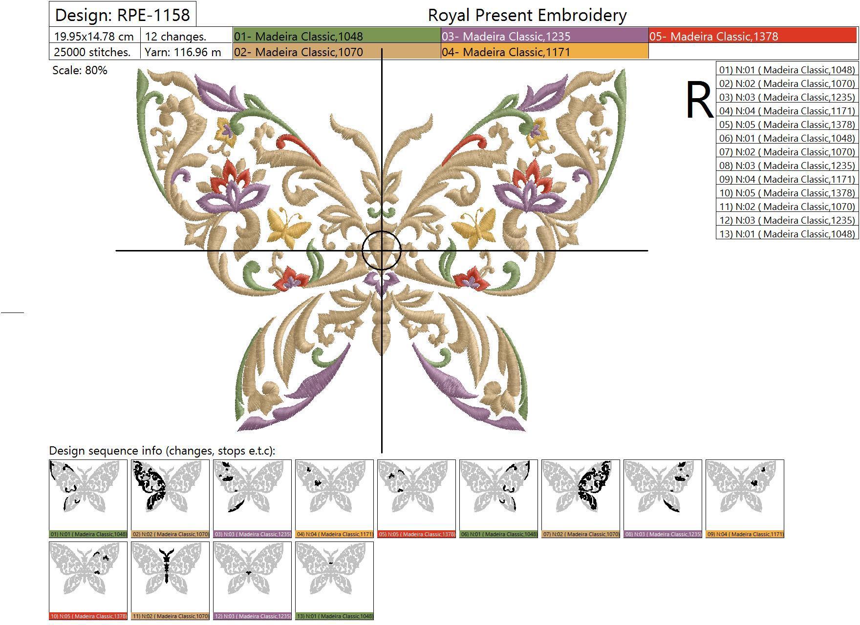 Machine Embroidery Design Decorative butterfly with mix of floral ornament elements - 3 sizes