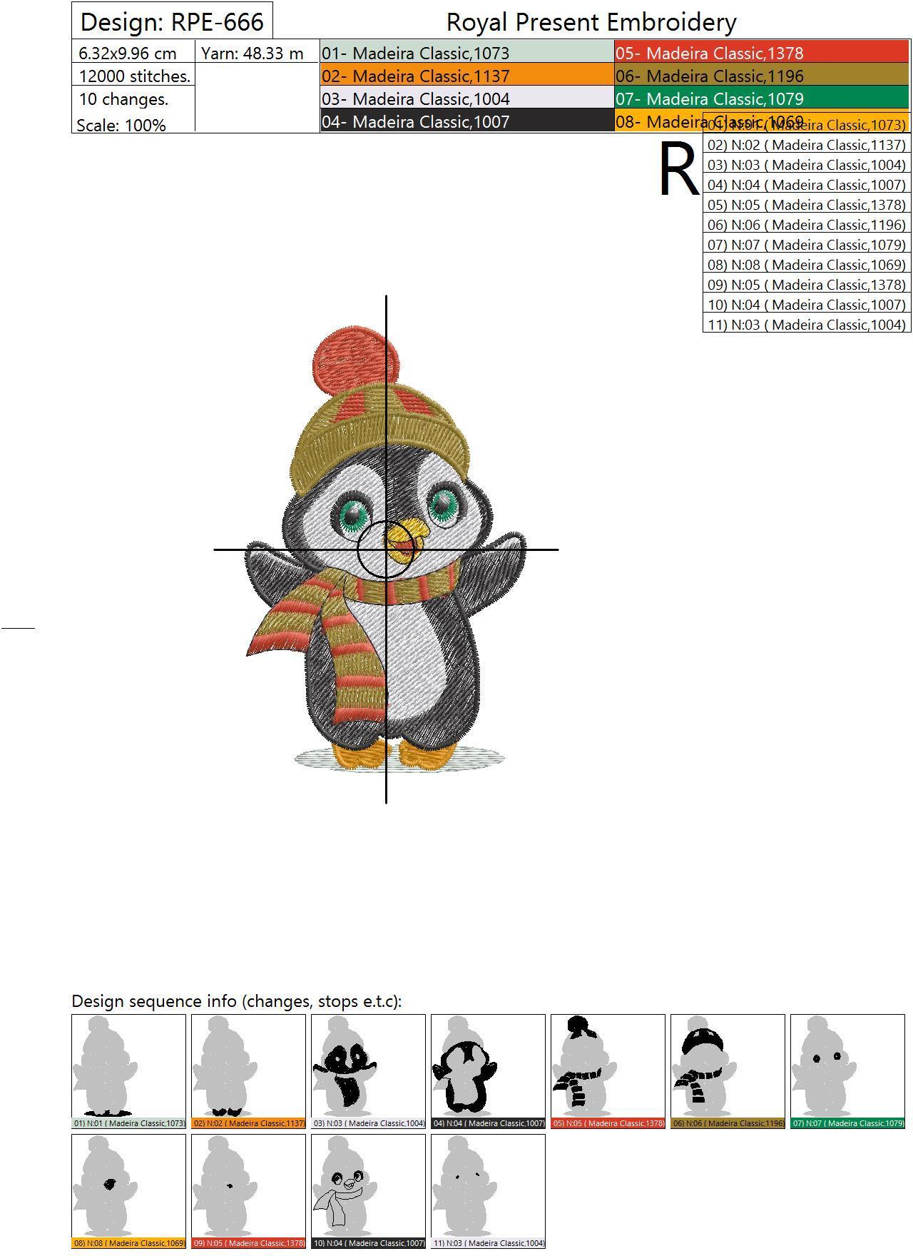 Machine Embroidery Design Cute penguin with hat and scarf