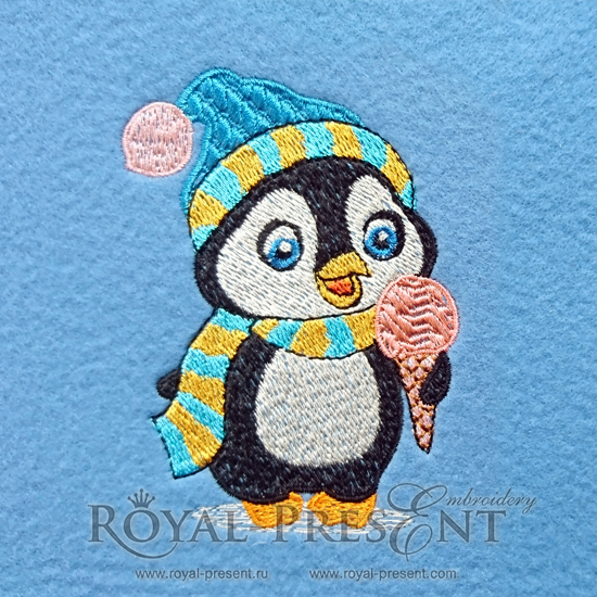 Machine Embroidery Design Cute penguin with hat and scarf eats an ice cream RPE-666-01