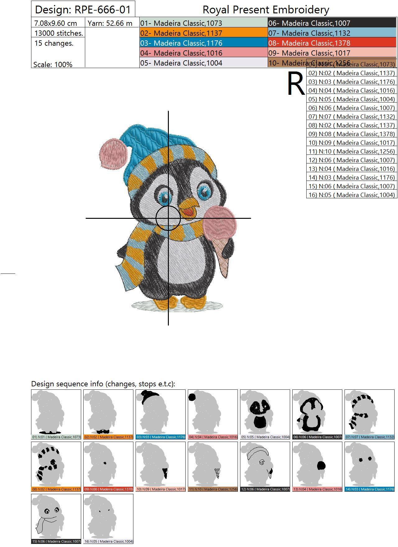 Machine Embroidery Design Cute penguin with hat and scarf eats an ice cream