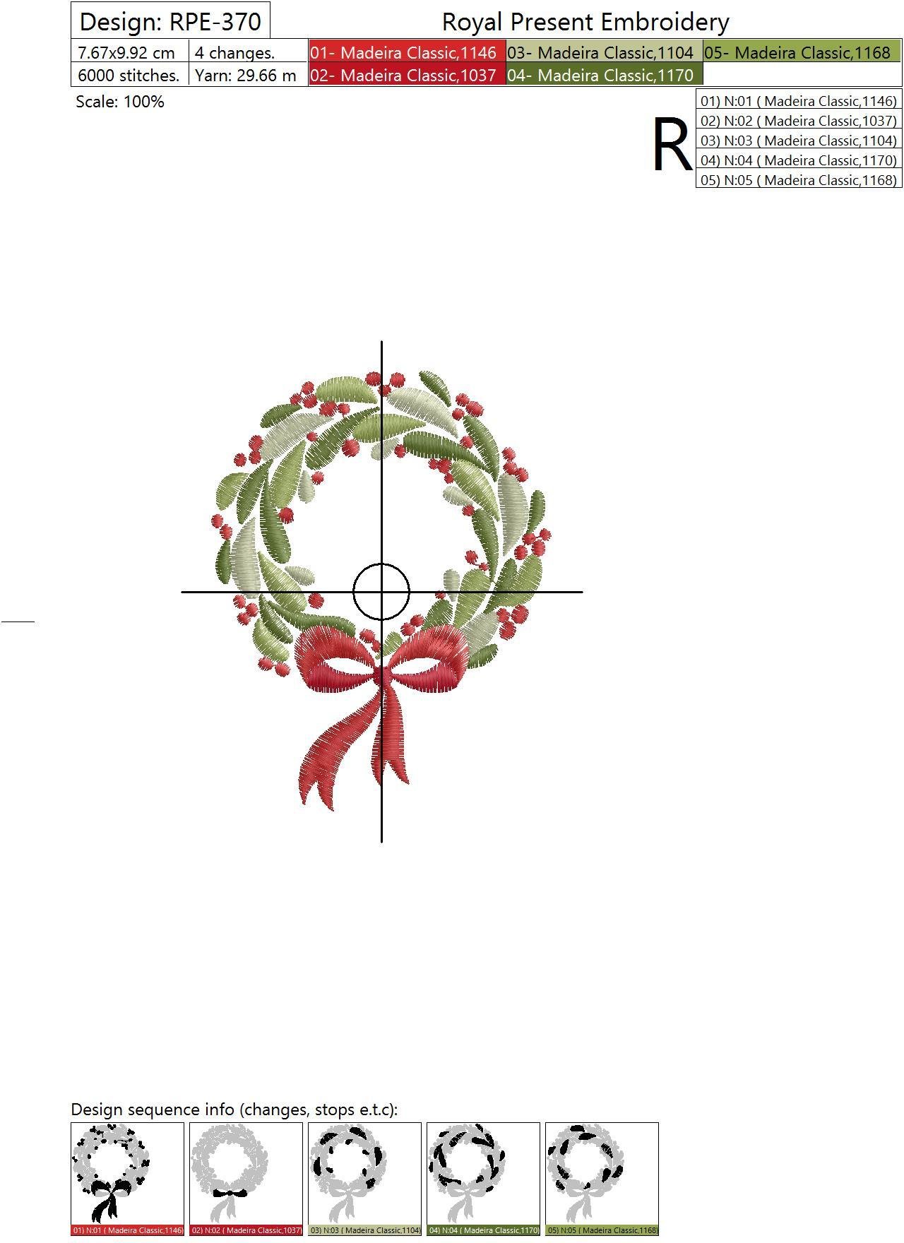 Machine Embroidery Design Christmas wreath with red bow - 2 sizes