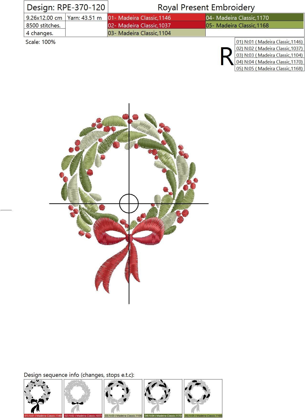 Machine Embroidery Design Christmas wreath with red bow - 2 sizes