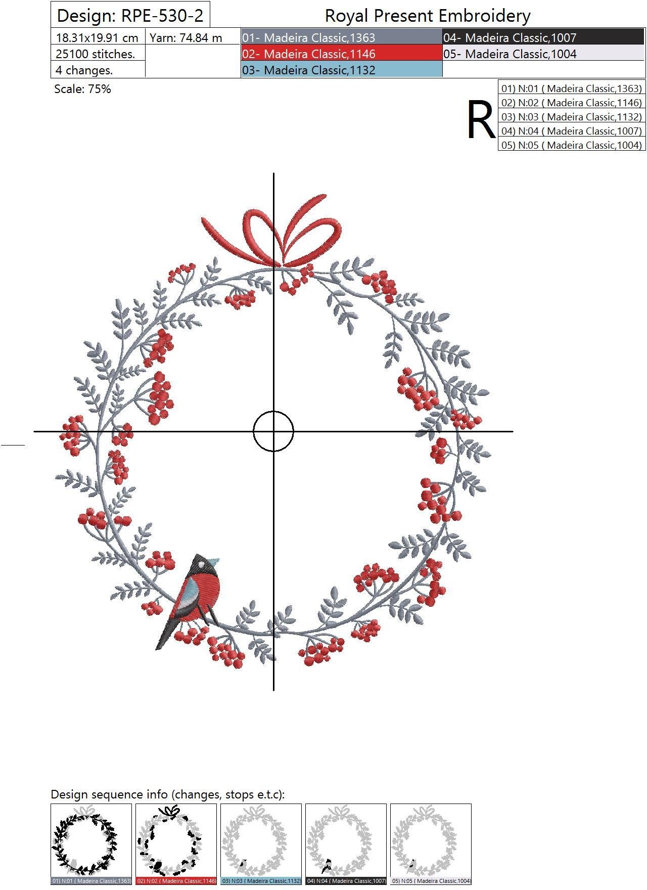Machine Embroidery Design Christmas wreath with bird and berry