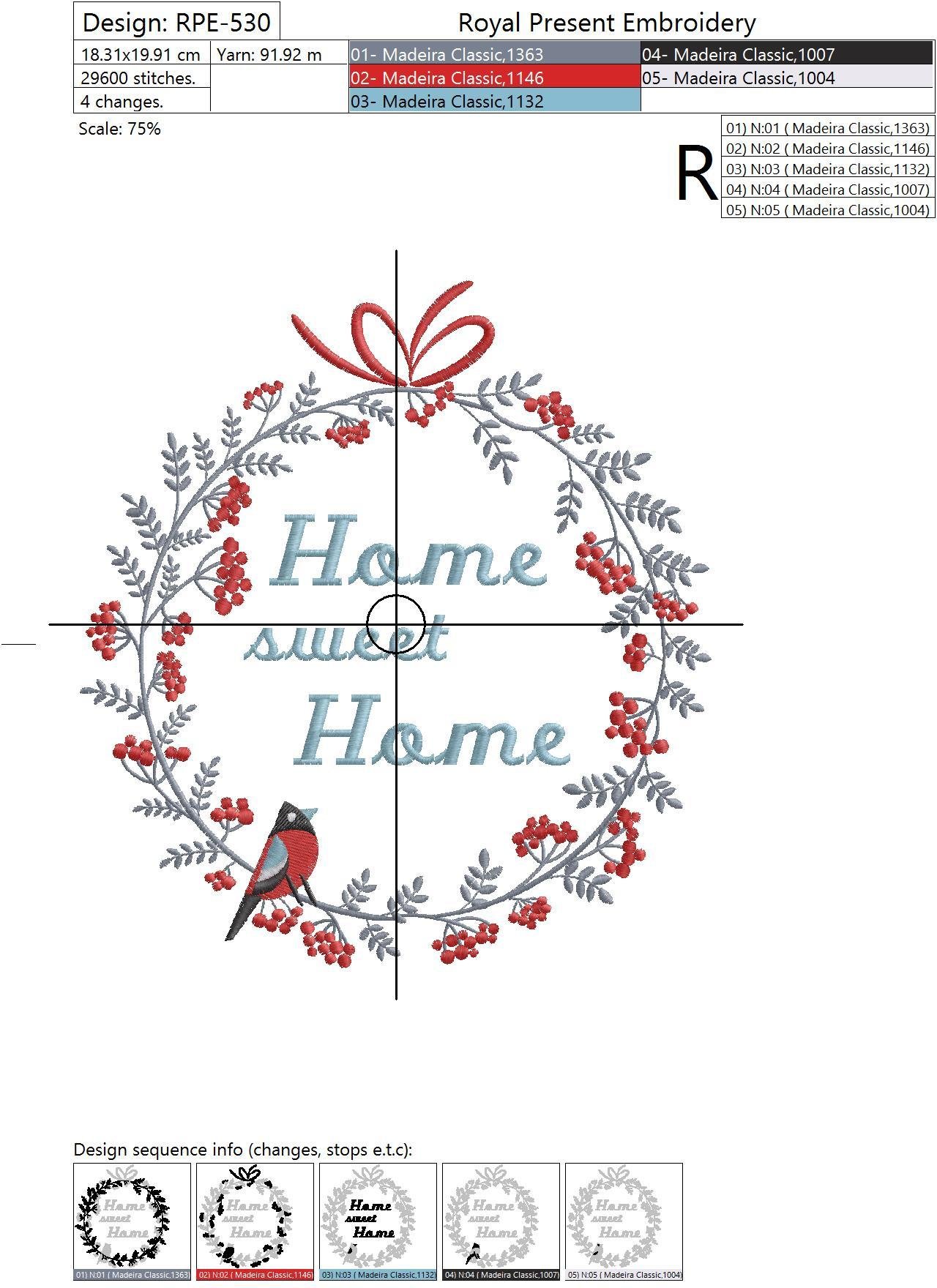 Machine Embroidery Design Christmas wreath with bird and berry