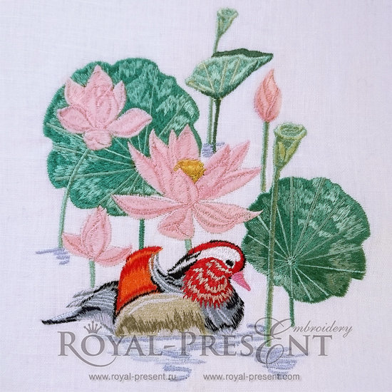 Machine Embroidery Design Lotus pond and mandarin duck - 3 sizes