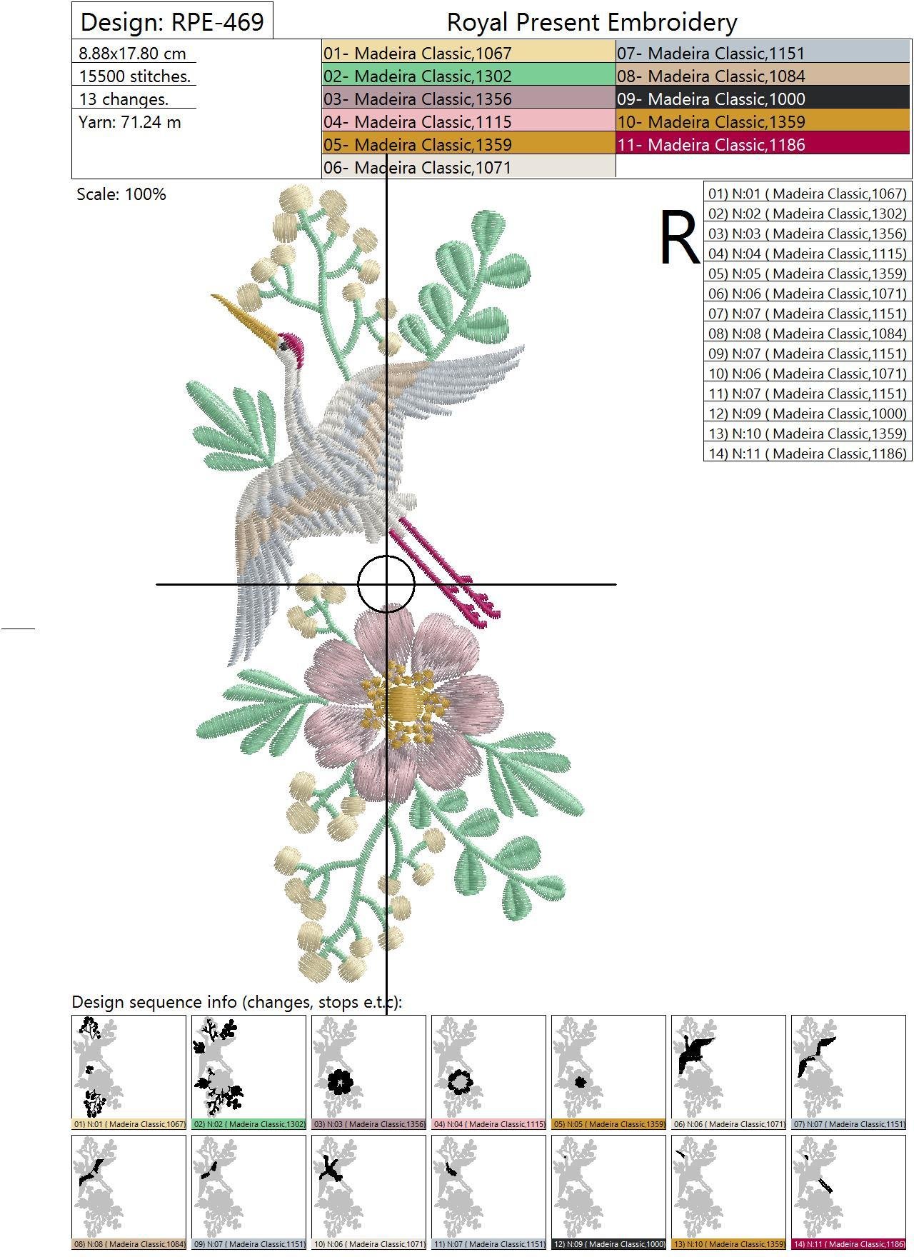Neckline Machine Embroidery Design Crane - 2 sizes
