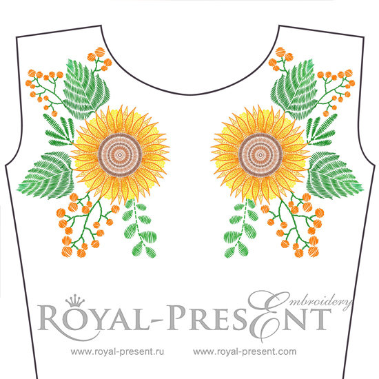 Machine Embroidery Design Yellow sunflower for neckline - 2 sizes