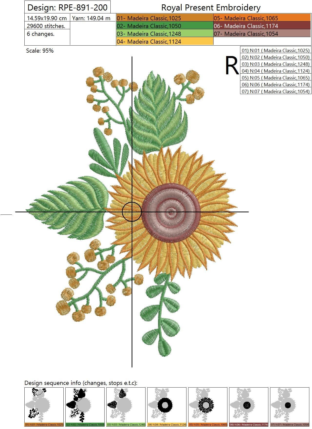 Machine Embroidery Design Yellow sunflower for neckline - 2 sizes