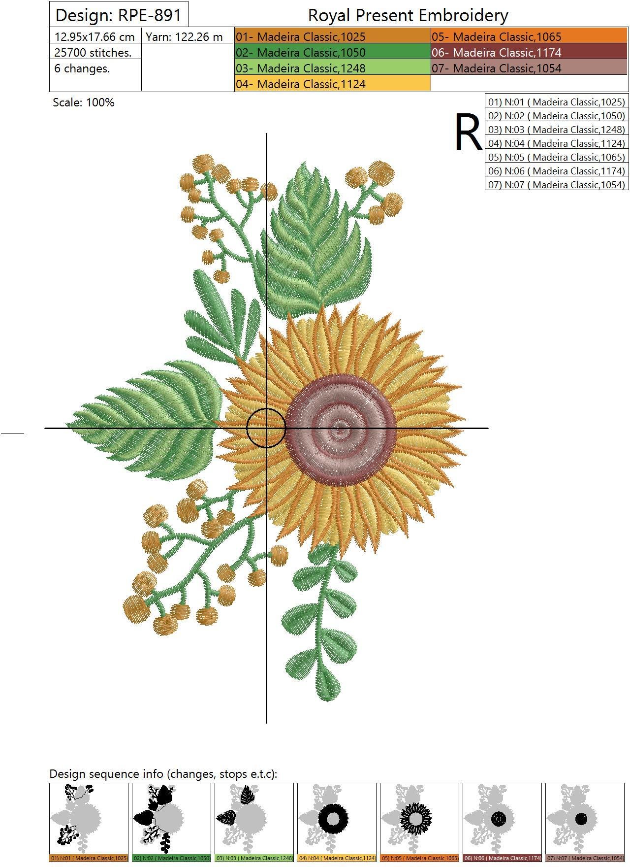 Machine Embroidery Design Yellow sunflower for neckline - 2 sizes