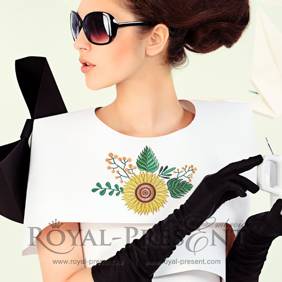 Machine Embroidery Design Yellow sunflower for neckline - 2 sizes RPE-891