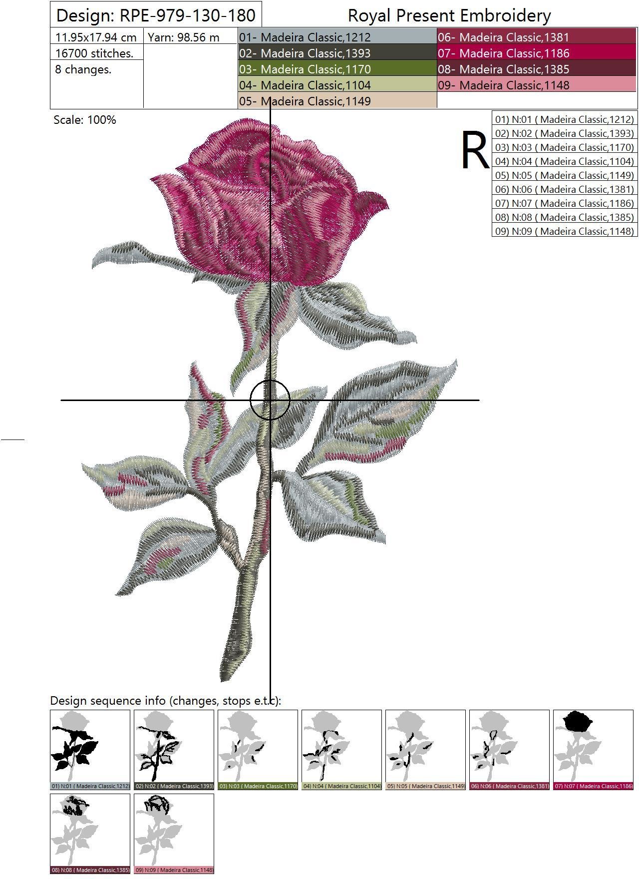 Beautiful Red Rose Machine Embroidery Design - 4 sizes