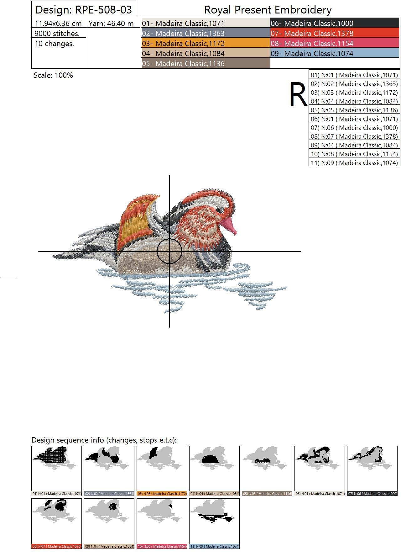 Machine Embroidery Design Mandarin duck - 2 sizes