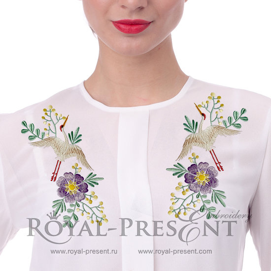 Neckline Machine Embroidery Design Crane - 2 sizes