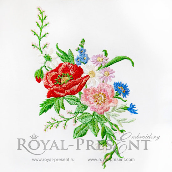 Machine Embroidery Design Colorful floral pattern with dog rose, poppy, chamomile and cornflowers - 3 sizes