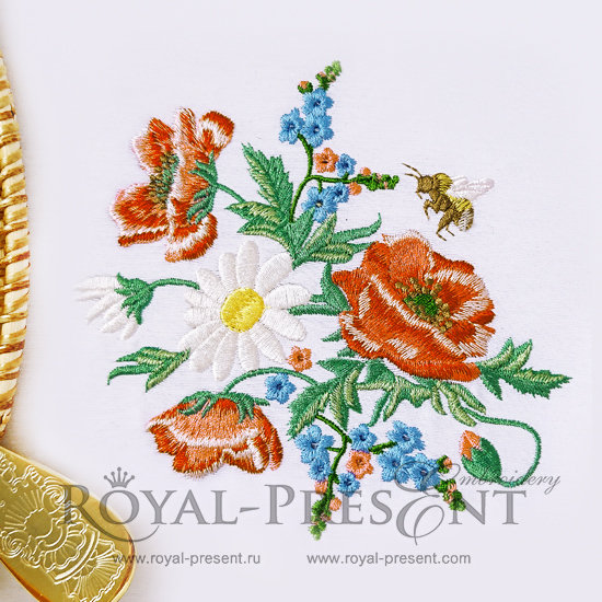 Machine Embroidery Design Colorful floral pattern with poppy and daisy flowers - 3 sizes