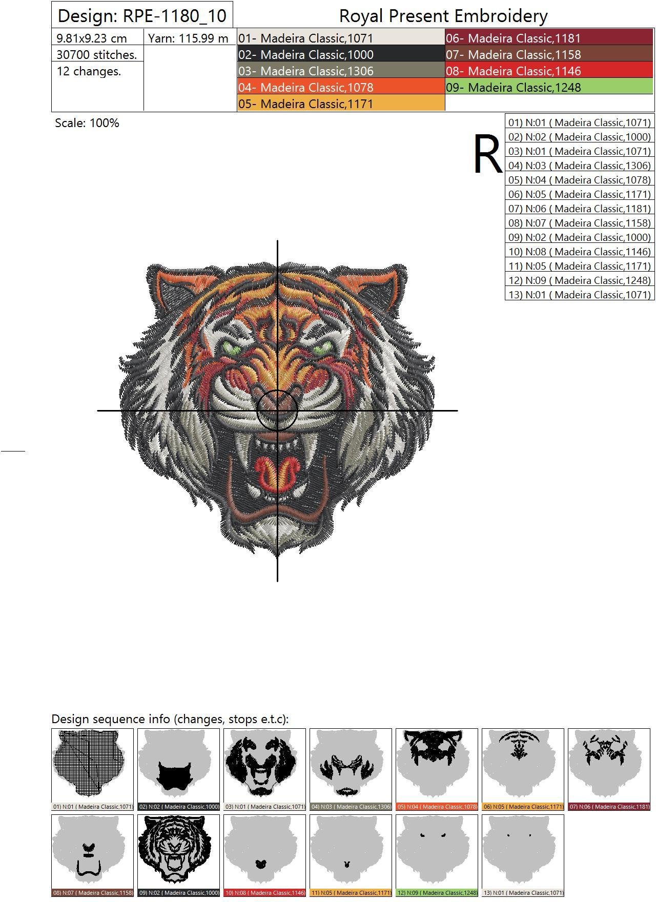 Machine embroidery design Angry Tiger Face - 3 sizes
