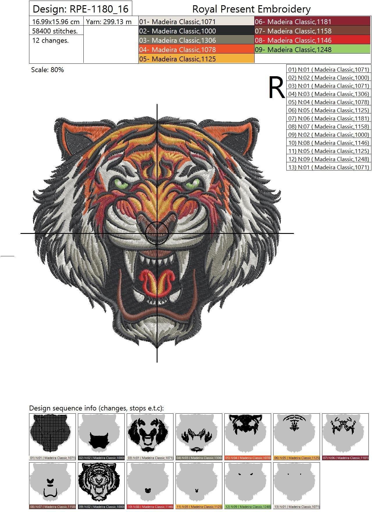 Machine embroidery design Angry Tiger Face - 3 sizes