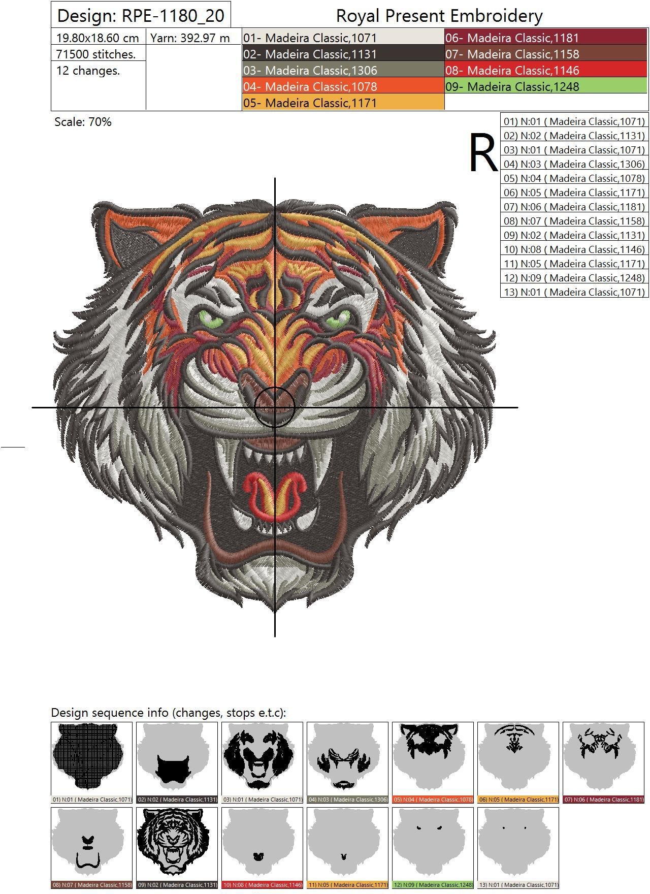 Machine embroidery design Angry Tiger Face - 3 sizes