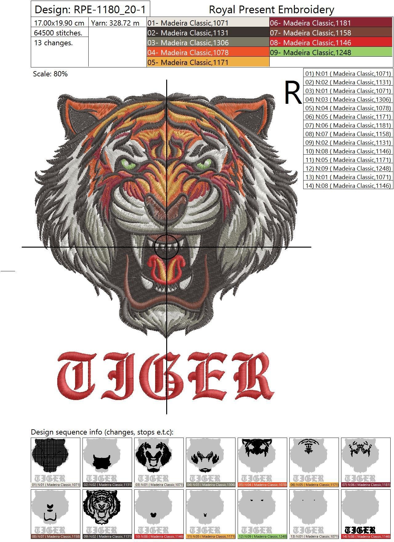 Machine embroidery design Angry Tiger Face - 3 sizes