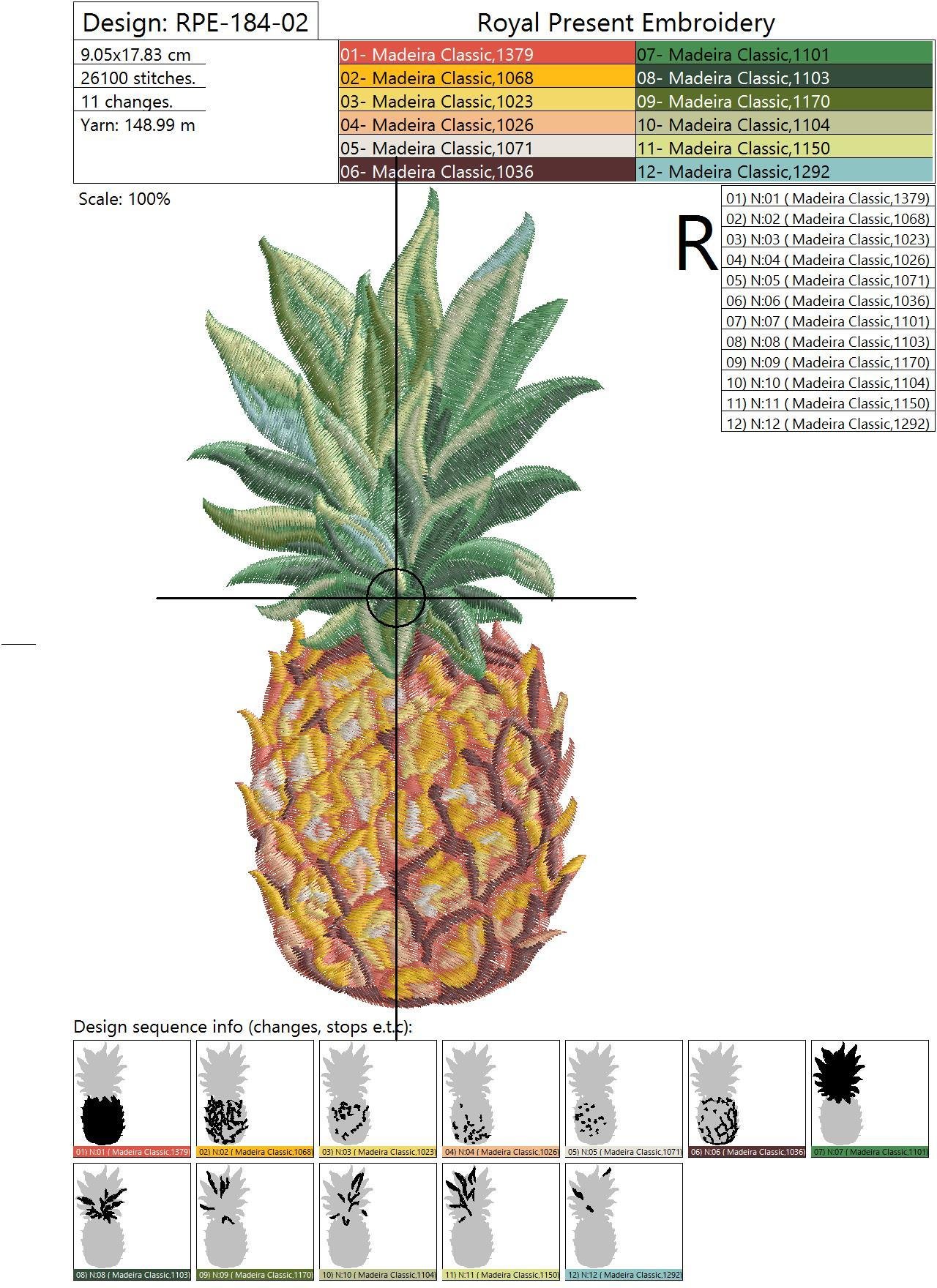 Machine Embroidery Design Pineapple like a D&G - 3 sizes