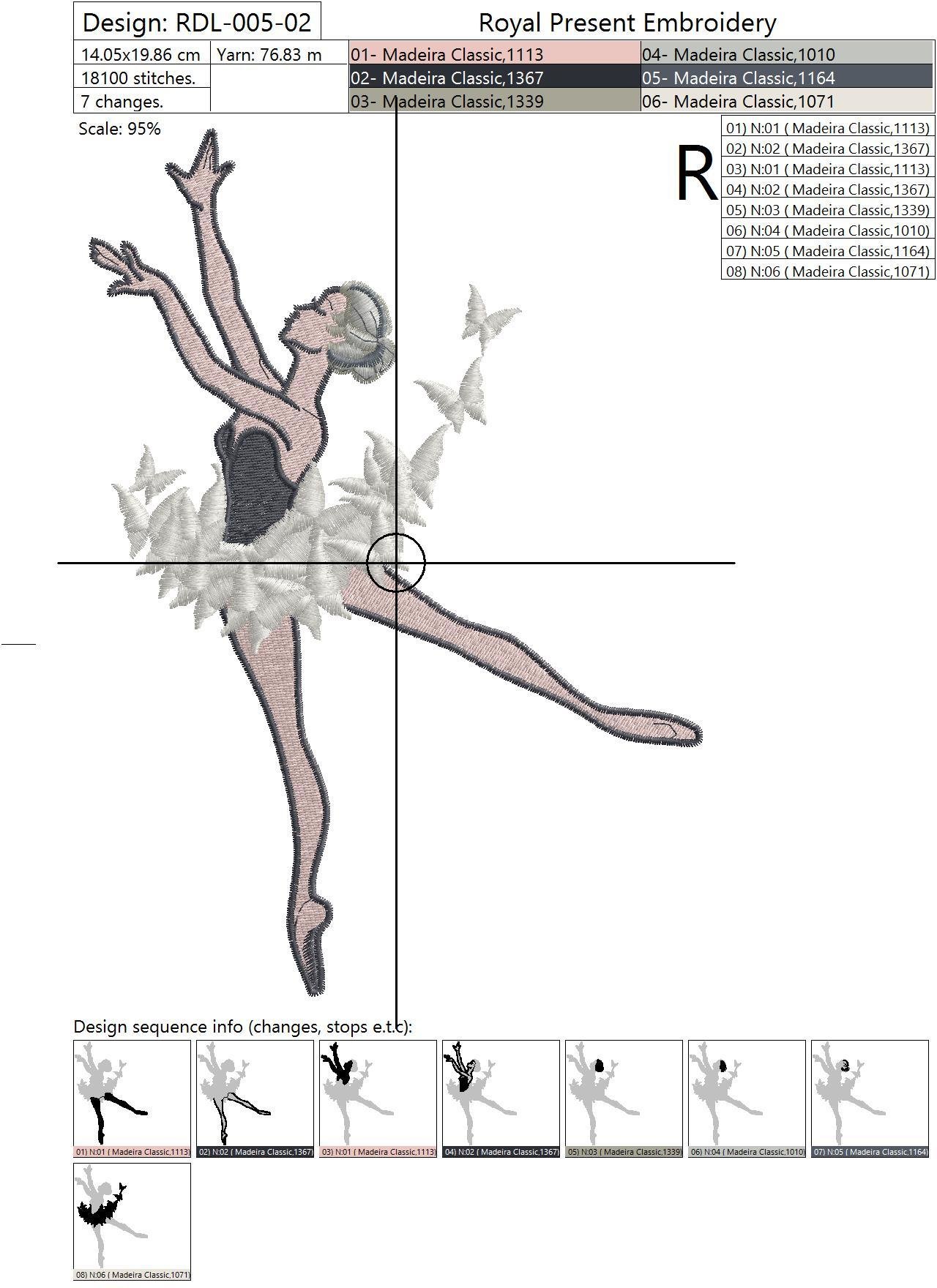 Machine Embroidery Design Young Ballerina with Dress of Butterflies - 3 sizes