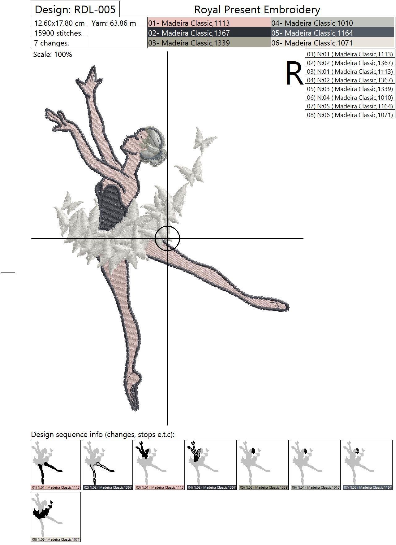 Machine Embroidery Design Young Ballerina with Dress of Butterflies - 3 sizes