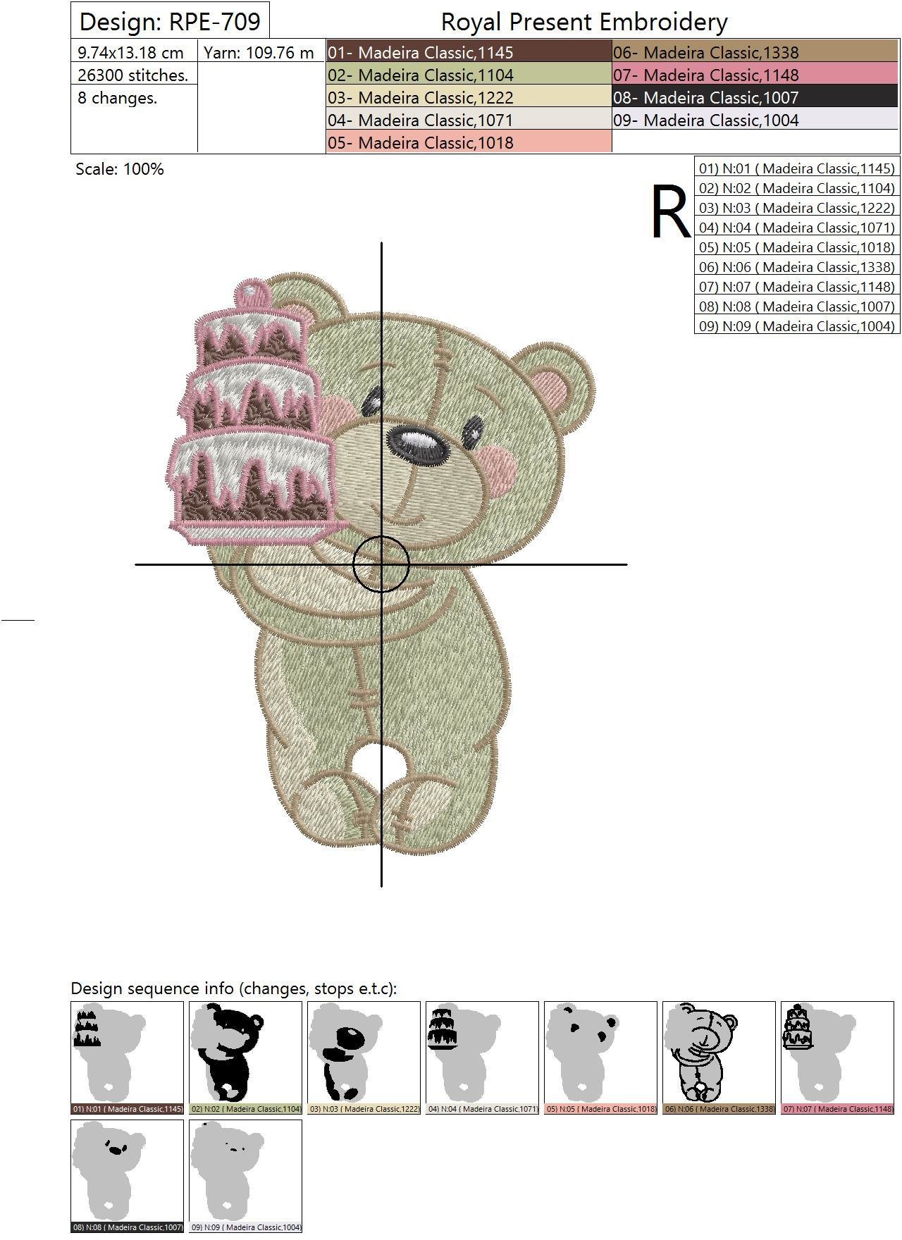 Machine Embroidery Design Teddy Bear with cake