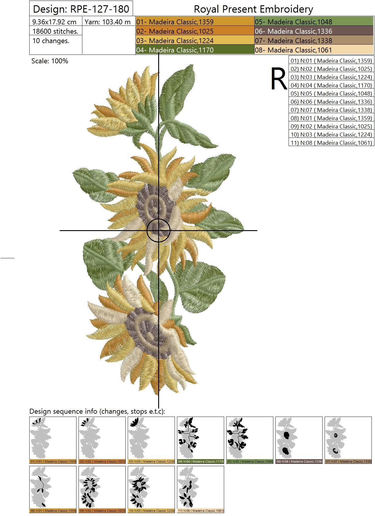 Machine Embroidery Design Yellow Sunflowers - 5 sizes