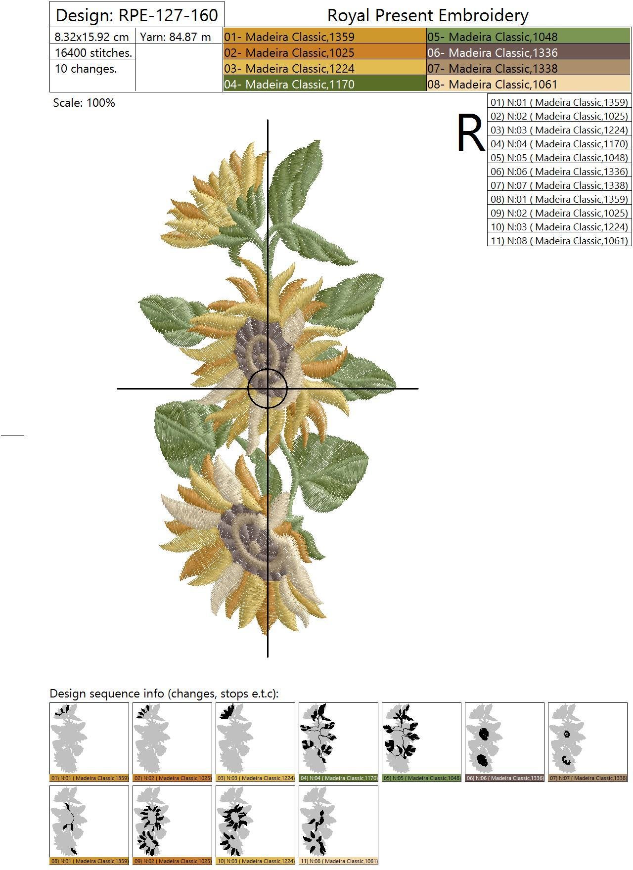 Machine Embroidery Design Yellow Sunflowers - 5 sizes