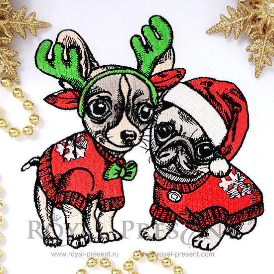 Machine Embroidery Design Christmas Puppies Pug and Chihuahua - 2 sizes FRP-005