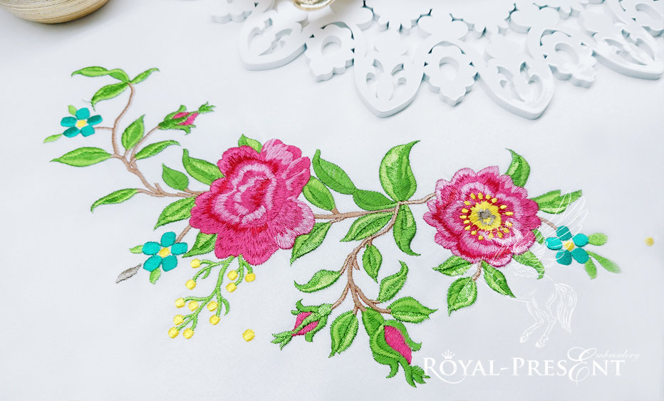 Corner Machine Embroidery Design Climbing Roses - 2 sizes