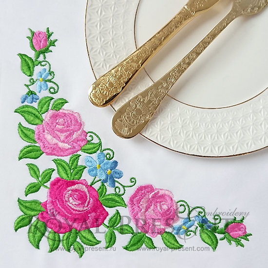 Corner Machine Embroidery Design Pink Roses - 3 sizes RPE-538