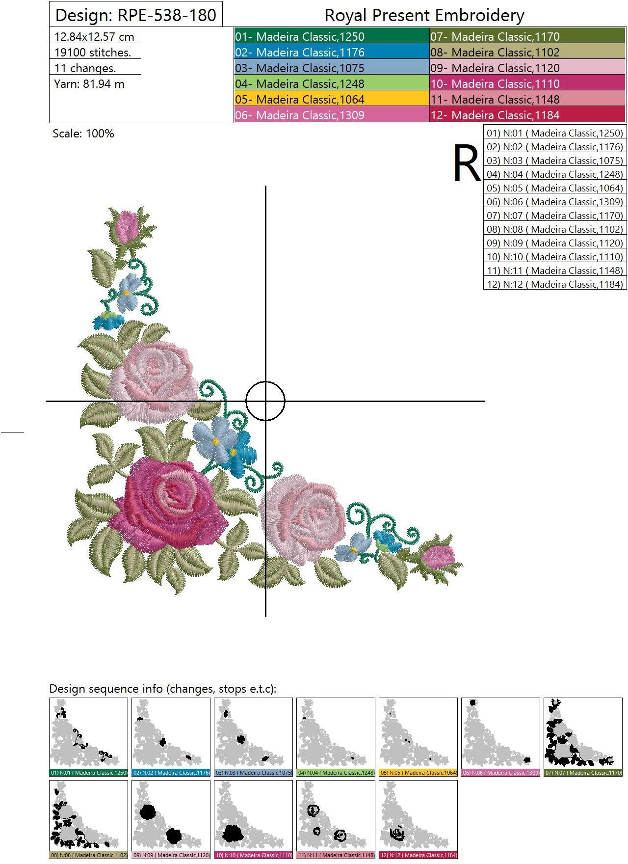 Corner Machine Embroidery Design Pink Roses - 3 sizes
