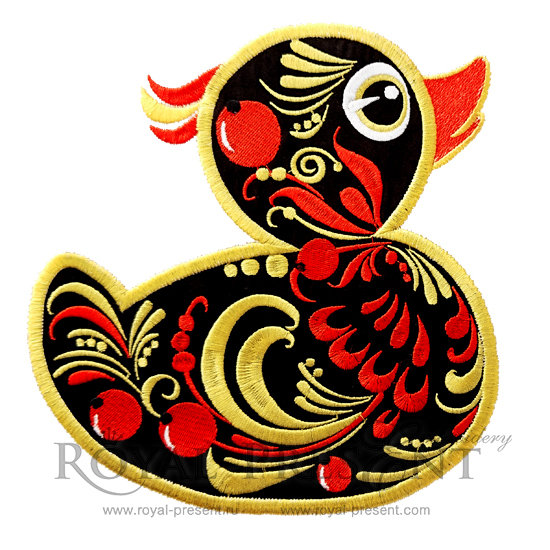 Applique Machine Embroidery Design Yellow duck in Khokhloma style - 4 sizes